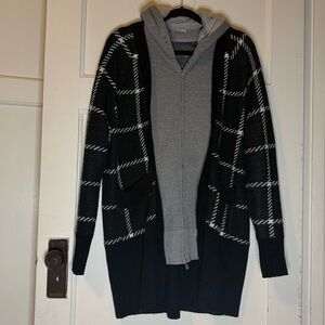 Jamison Black Houndstooth Open Cardigan with Gray Hoodie Layer